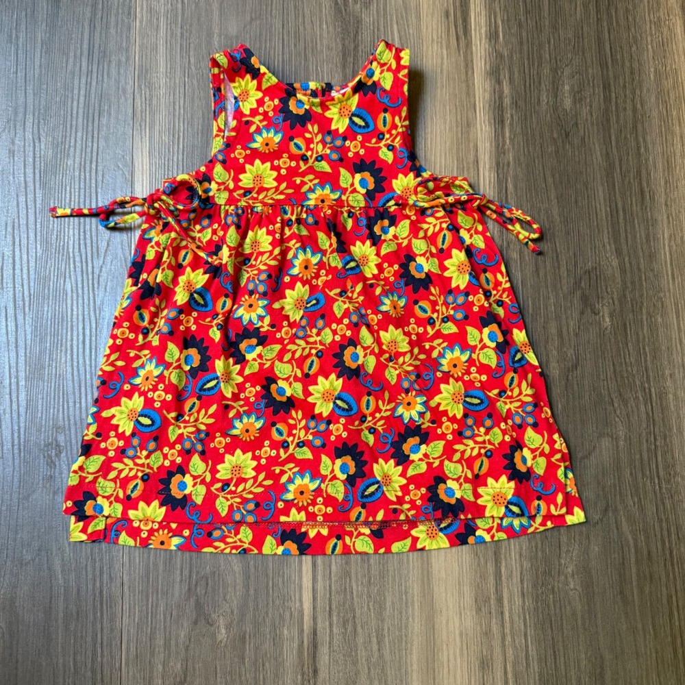 Hanna Andersson Pinafore Dress‎ Baby 70/6-12 Months Red Floral Cotton Side Tie